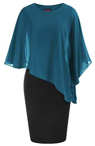 Hanna Nikole Damen Elegante Pencil Kleid Midikleid Pfauenblau + Schwarz XL