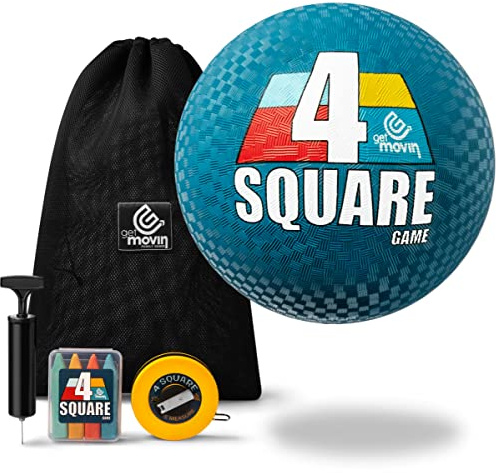 GETMOVIN SPORTS 4 Square Game Kit with Premium 4 Square Ball (8.5”) Hand Pump Air Needle 4 Brightly Colored Chalk Sticks with Container Soft Tape Measure Premium Storage Bag Outdoor Portable Fun!