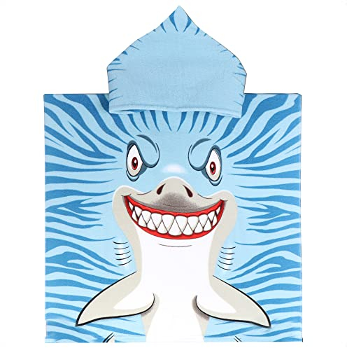 com-four® Badeponcho mit Kapuze - Strandtuch mit Hai-Motiv - Kapuzenüberwurf für Strand, Schwimmhalle und Badezimmer - weiches Handtuch zum Überziehen (Poncho Hai)