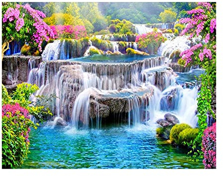 SHEGZHUC Diamond Painting Cuadrado 50 x 40 cm Cuadro Diamantes Cascada Pintura de Diamante Cascada del Bosque Punto de Diamante Arboles Pintura Diamante Flores Cuadros Paisaje Piedras Diamantes