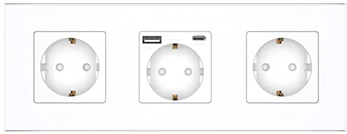 PULSAR Steckdose Unterputz mit USB-C, A 3-Fach Weiß Glas - Wandsteckdose mit 20W USB-Schnellladegerät - Dreifache Dose 16A mit Kindersicherung 228x86mm