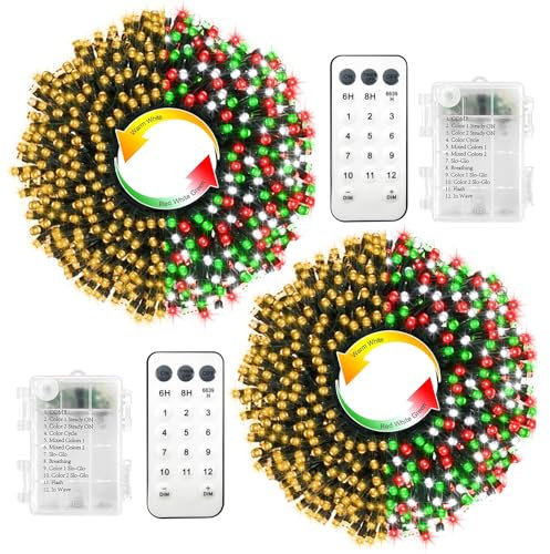 CCILAND 2 Pack Battery Powered Color Changing Christmas Lights, 10M 100 LED Warm White & Red White Green Christmas Tree Lights, 8 Modes String Lights with Remote for Xmas Tree Holiday Decor