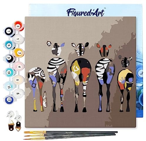 Figured'Art Mini Malen Nach Zahlen Erwachsene Mit Rahmen 20x20cm Kleines Format - Zebras von Hinten - Paint by Numbers Basteln DIY Bastelset Leinwand gespannt auf Holzrahmen