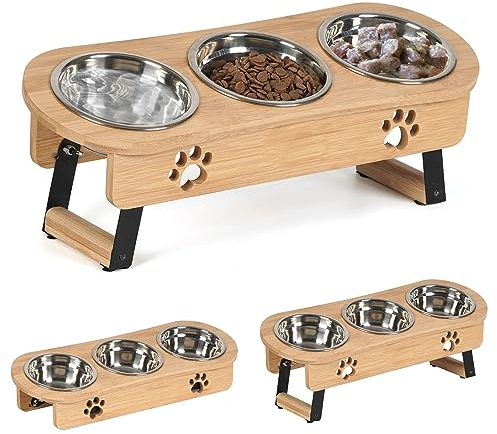 Optyuwah Raised Cat Bowls with Stand, 15° Tilted Elevated Cat Food Bowl, 2 Heights Cat Food and Water Bowls with 3 Stainless Steel Bowls, Raised Pet Bowl for Cats, Small Dog, Kitten, Puppy