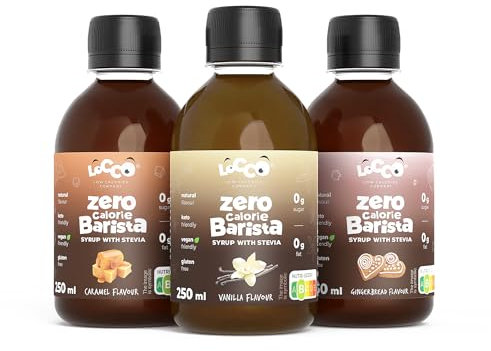 Locco Kaffeesirup Zuckerfrei Set - Barista Sirup für Kaffee mit Karamell, Vanille & Lebkuchen Geschmack - Zero Kalorien Sirup mit Stevia - Vegan & Keto - 3x250ml