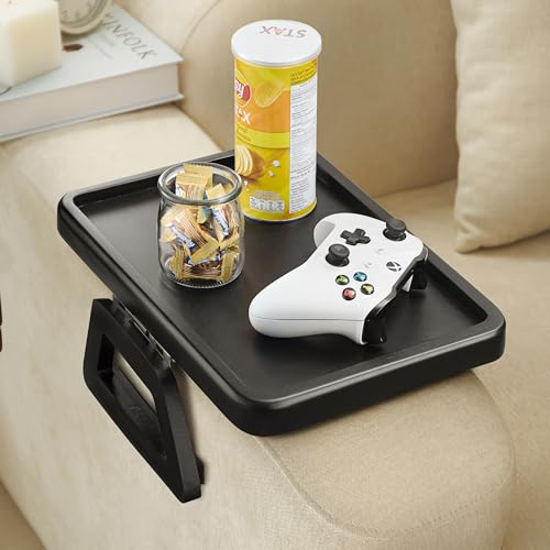 Tinamo Akazienholz Sofa Armlehne Tablett Sofa Armlehne Tisch Clip - Couch Arm Tisch für breite Sofas - Holz Beistelltische für kleine Räume zum Essen und Trinken (Rechteckig, Schwarz)