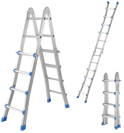 TOPWAY Aluminium Telescopic Multi Purpose Foldable Combination Step Ladder System 6 Steps RUNGS, 6.2 Metres Extension Ladder with Non-slip Steps 338474