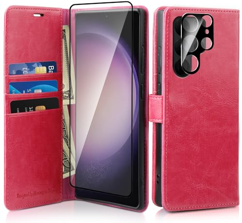 MONASAY Etui Coque Galaxy S24 Ultra 5G, Housse Portefeuille Etui en Cuir PU Antichoc Flip Case [Film de Protection et Protection de la lentille][Fonction Support] avec Fentes pour Cartes,Rose Vif