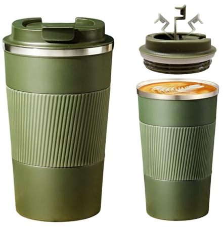 Senshuomy Travel Mug, Insulated Coffee Cup with Leakproof Lid, Reusable Coffee Cups Travel Cup, Stainless Steel thermaol Mug for Hot Cold Drinks (Green 380ml)
