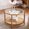 VINGLI Table basse ronde en rotin de 65 cm, table centrale ronde en métal et verre ondulé, table basse moderne avec 2 niveaux de rangement, table basse circulaire de style rustique pour salon et petit