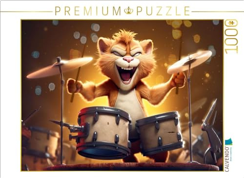 CALVENDO Puzzle Kater Tiger am Schlagzeug | 1000 Teile Lege-Größe 64 x 48 cm Foto-Puzzle für glückliche Stunden
