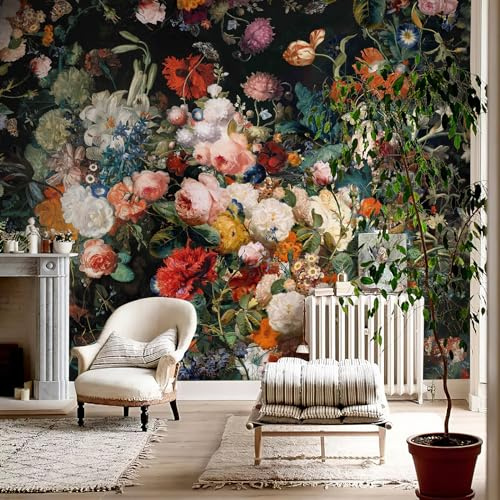 Zeeko Vintage Dark Floral Wall Mural Peel and Stick 148 x 98 | Oil Painting Canvas Removable Flower Wallpaper for Bedroom Living Room