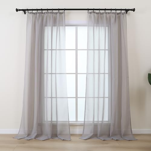 L.Z.E Vorhänge Grau für Wohnzimmer, Gardinen Hellgrau mit Kräuselband für Schienensystem, Transparent Schiene Gardine Vorhang für Schlafzimmer, 2er Set Leinenoptik Gardinenschals Modern 225 cm Lang