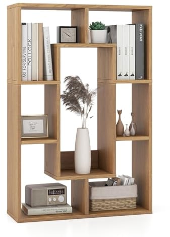 CASART Geometric Bookshelf, Wooden Freestanding Open Bookcase with 7 Cubes & Anti-Toppling Devices, Home Office Storage Rack Display Shelves for Study Living Room Bedroom (Natural)