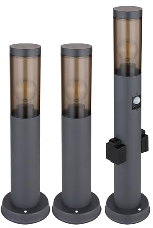GLOBO Sockelleuchte mit Steckdose und Bewegungsmelder Gartenlampe Wegeleuchte Außenstehlampe, Edelstahl anthrazit, Kunststoff rauch, E27, 3er Set