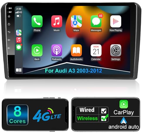 Android Autoradio mit Navi Bildschirm Wireless Carplay Wireless Android Auto für Audi A3 S3 RS3 2003-2012,9 Zoll Android 8 Core Auto Radio Touch Display mit Bluetooth RDS AM FM GPS WiFi