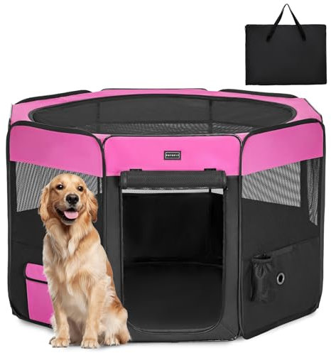 PETSFIT faltbar Welpenauslauf Tierlaufstall für Kleintiere Hunde Katzen,Hundelaufstall Freigehege mit Wasserdichter Boden,Pop-up System Kausicheres Design,Rosarot/Schwarz,116 * 106 * 70cm