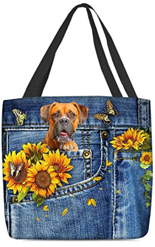 Schultertasche Damen Handtasche Faltbar Strandtasche Wiederverwendbare Einkaufstasche Tragetasche Für Arbeit Büro Reisen Einkaufen Amerikanisch, Boxer, In, Jeans, Tasche, Und, Sonnenblumen