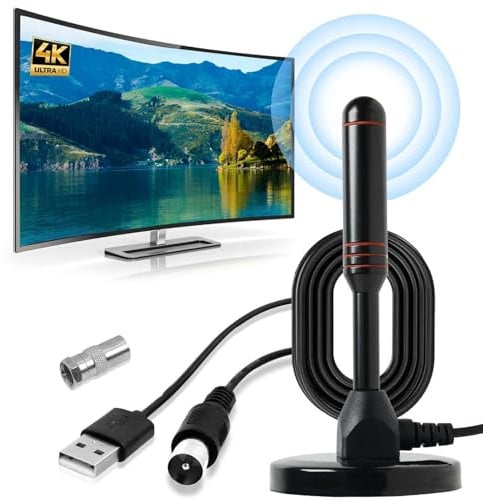 Antena TV con Base Magnética, Recepción de 360°, Antena TV Portátil Interior/Exteriores, Antena Digital HD con Cable de 5m, Soporta 1080P 4K DVB-T2 DVB-T TDT DTMB VHF UHF