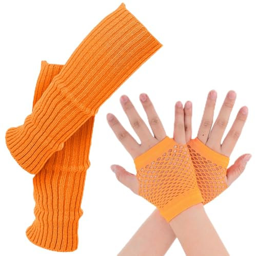 Neon Stulpen Damen Netz Handschuhe Set Retro Stretch Beinstulpen Netz Fingerlose Handschuhe 80er Jahre Outfit Party Sport Yoga Zubehör Orange