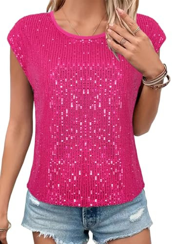 Segreto Damen Rundhals Locker Pailletten Tops Cap Ärmel Oberteil Party Glitzer Bluse Tanktop Shirt Cocktail Festliches Outfit, Rose Rot/L