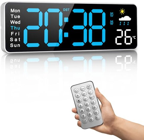 Digitale Wanduhr, 12-Zoll-Digitaluhr mit Fernbedienung, wöchentliche Uhrzeit und automatische Dimmfunktion, Temperatur, Wetterbericht, Timer, für Wohnzimmer/Klassenzimmer/Fitnessstudio/Kirche/Geschäft