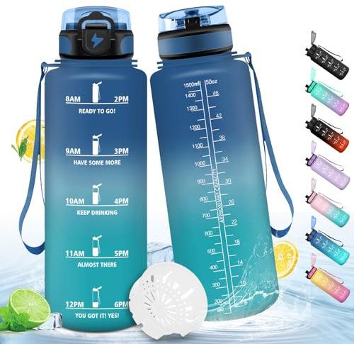 HoneyHolly Botella Agua Gimnasio, Motivacional 1,5 Litr, Marcador de Tiempo, Cantimplora, Prueba de Fugas, Botella de Agua, Reutilizable, para Escuela Camping Fitness