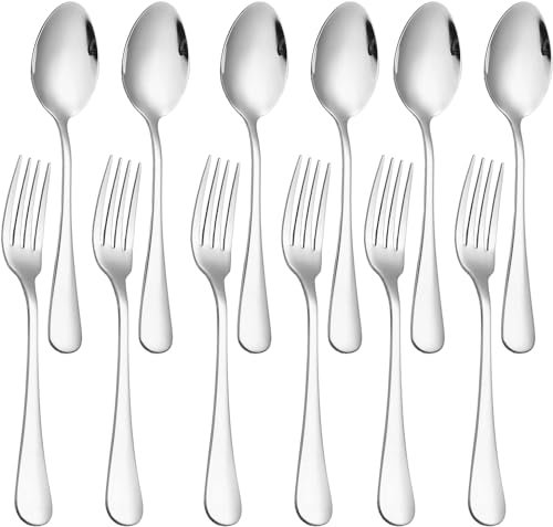 Set di 12 cucchiai e forchette in acciaio inox per uso alimentare, set di posate in argento per casa, cucina e ristorante, lavabile in lavastoviglie