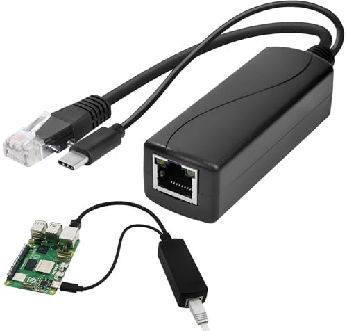 Gigabit Type C PoE Splitter 5V 3A, IEEE 802.3af/at Standard 1000Mbps, PoE Adapter Ethernet to Type C with RJ45 Port, Type C PoE Switch Power Over Ethernet Splitter for USB-C SBCs IP Cameras Monitors