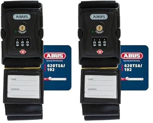 ABUS Kofferband mit TSA-Schloss 620TSA/192 - Koffergurt mit 3-stelligem Zahlencode - Namensschild inklusive - schwarz (Packung mit 2)
