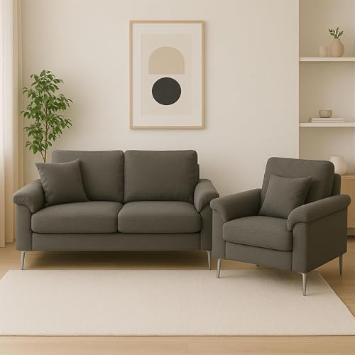 KOSY KOALA Modern Grey Sofa 2 1 Seater Set Fabric with Chrome Feet - Comfortable Couch with Cushion for Living Room, Bedroom or Office