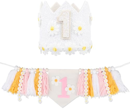 BOXOB Daisy 1 Geburtstagsbanner für Hochstuhl, Dekoration Den Ersten Geburtstag Eines Baby-Mädchens mit Daisy 1 Kronenhut für Mädchen Einjährige Party Babyparty