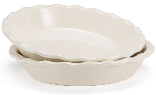 KooK Pie Pan, Ceramic Reusable Round Pie Dish, Quiche Baking Dish, Deep, Wave Edge, For Cakes, Tart, Casseroles, Tarts, Microwave, Oven and Dishwasher Safe, 9-Inch, 36 oz, Set of 2, Ivory
