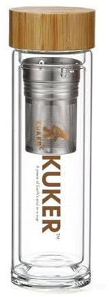 KUKER® Glass Tea Bottle – Double Wall Borosilicate Glass Tea Bottle with Stainless Steel Infuser & Bamboo Lid – Eco-Friendly Reusable Tumbler (420ml)