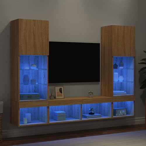 Gecheer TV Wandschrank Set 3-teilig RGB LED Sonoma Eiche | RGB-LED-Beleuchtung,Wandmontage,reichlich Stauraum,5-teilig