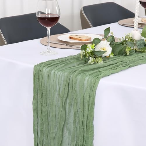 Jumdast 4 Stück Tischläufer Grün, Käsetuch Tischläufer Boho Modern | Tischläufer Outdoor Hochzeit abwaschbar Musselin Chiffon Stoff Hochzeitsdeko Taufe Deko Tischdeko (Salbeigrün, 90 x 300 cm)