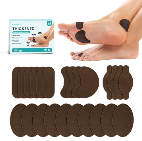 Moleskin-Streifen mit selbstklebenden Blasenpräventionspolstern Mole Skin Tape Aufkleber für Füße Fersen Schuhe Polsterung – 24 Stück in 4 Formen, dunkelbraun