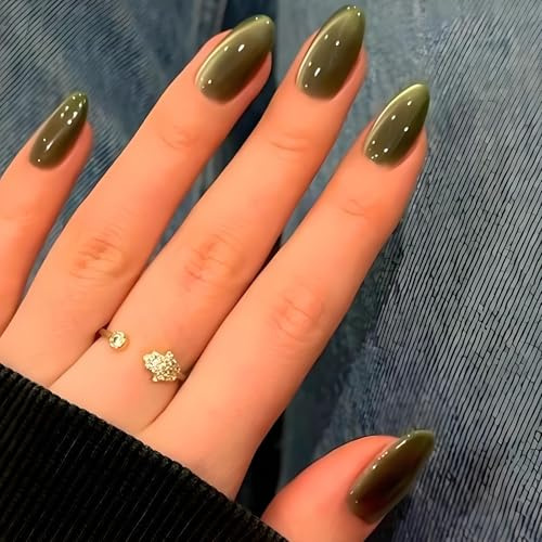 Olive Green Almond Press On Nails, Glossy Artificial Fingernail Tip Set | Elongated Shape, Includes Dark Round Application Stickers, For At-Home Manicures And Coordinated Social Occasion Looks