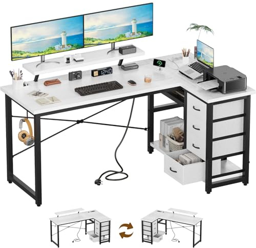 Devoko L-Form Schreibtisch 160×80cm mit Steckdosen, beidseitig montierbar | L-Form Eckschreibtisch mit 4 Stoffschubladen & viel Stauraum, Computertisch mit Steckdosen, ideal für Homeoffice und Gaming