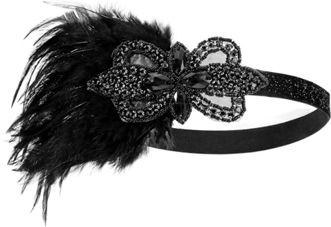 Yolev Kopfschmuck 20er Jahre Damen, Schwarzes Flapper-Haarband, Funkelnde Strasssteine ​​und Federn, 1920er Gatsby Accessoires Damen für Retro Party Fasching Kostüm