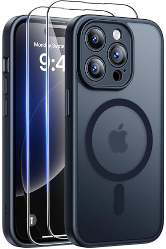 FLLAO for iPhone 14 Pro Case, Magnetic Bumper Case with 2X HD Screen Protector, Full Camera Protection, Military-Grade Shockproof, Slim Translucent Matte Cover, Black