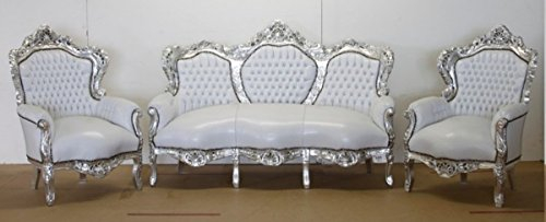Casa Padrino Barock Sofa Garnitur Weiß Lederoptik/Silber + 2 Sessel - Wohnzimmer Barock