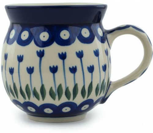 Polish Pottery Kaffeetasse mit Blase, 340 ml 12 ounce Blue Tulip Peacock