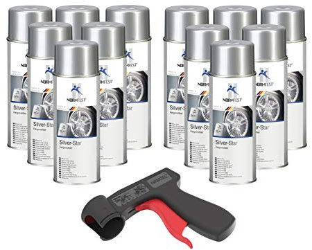AUPROTEC Pistolengriff + Lackspray Silver Star Felgen Silber Spray Sprühlack Felgenlack Autolack 12x 400ml