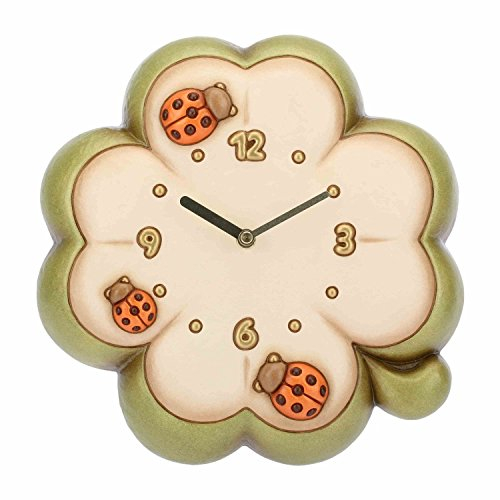 THUN - Orologio da Parete a Forma di Quadrifoglio con Coccinella - Accessori per la Casa - Ceramica - 33,3 x 32 x 9,1 cm