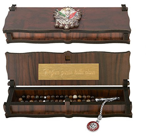 Gök-Türk Box Schatulle MIT Gravur aus Holz Handgemacht & Tesbih Gebetskette 'Wappen Osmanisches Reich' Tugra Abdulhamid 33 Perlen