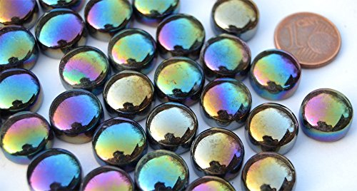 50g Glas Mosaiksteine schwarz mit Regenbogenschimmer rund ca. 12 mm, Stärke ca. 6mm ca. 32 St.