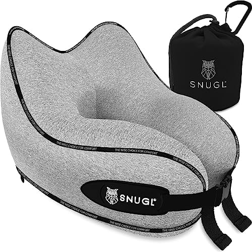 SNUGL Nackenkissen Flugzeug Memory Foam – Reisekissen Nackenhörnchen Waschbar – Nackenstützkissen & Kopfkissen für Reise, Auto, Zug, Bus – Ergonomisches Flugkissen für Erwachsene & Kinder (Grau)