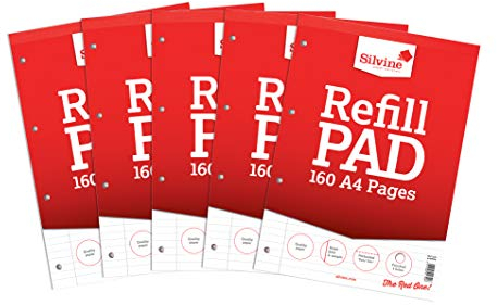 Silvine 160 Page A4 Refill Pad, Head Bound and Punched 4 Holes. Ruled 8mm Feint with Margin [Pack of 5], White