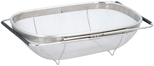 Colador de acero inoxidable para fregadero, extensible, con asas, 33 x 23,5 x 10 cm, color plateado